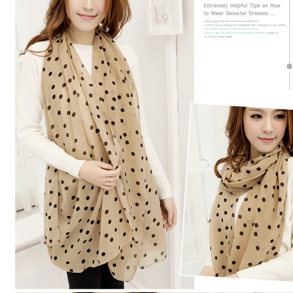 Stylish Dots Chiffon Scarf Sunscreen Long Scarves Sun Block Shawl Wraps For Women Girls 150 x 48 cm (Black Scarf, Beige Do