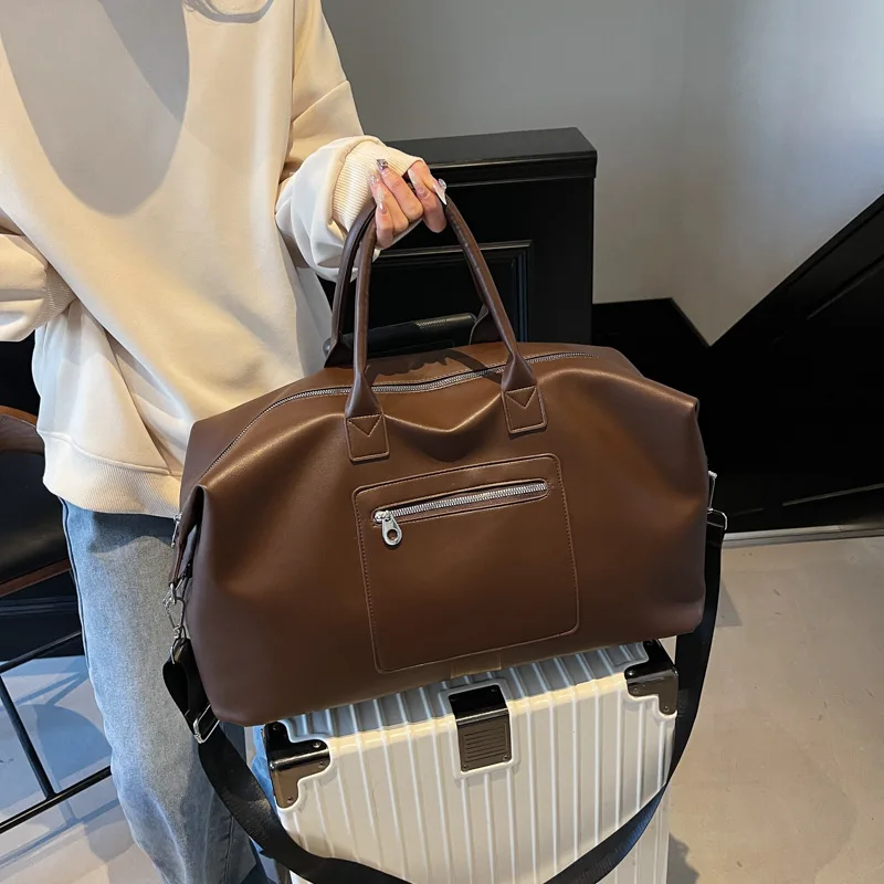 fashionable-lightweight-pu-leather-travel-bag-ladies-handheld-short-trip-bag-large-capacity-exterior-travel-luggage-bag
