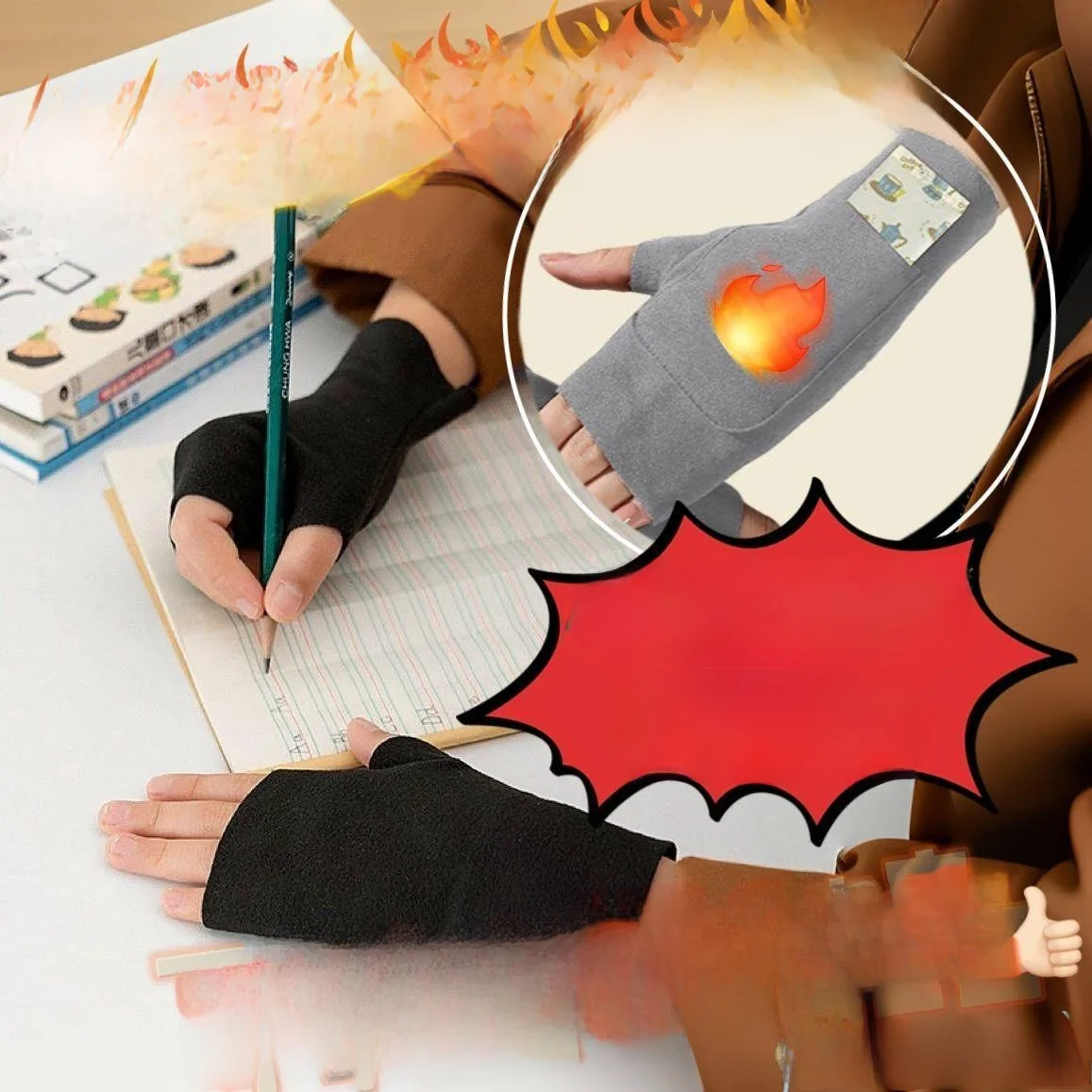 

Теплые флисовые перчатки для письма и зимы, двусторонние термоперчатки для студентов с карманом для горячих предметов и защитой пальцев