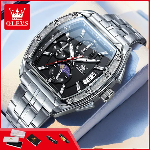 OLEVS 3661 Men's Watch Fashion Classic Moon Phase Auto Date Luminous Sports Tonneau Chronograph Waterproof Quartz Man Wristwatch