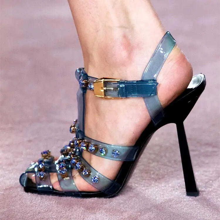 

Luxury Crystal Studded Cut-outs PVC High Heels Summer Gladiator Sandals Women Square Toe Bukcle Strap Slingback Shoes For Ladies