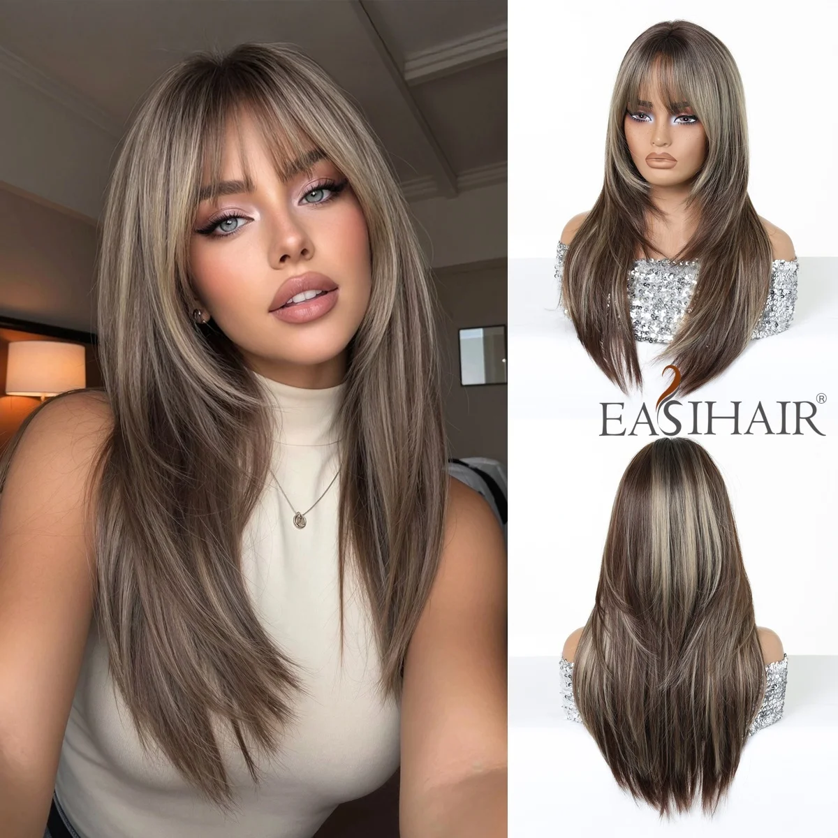 Blond-braune Ombre-Perücke, lang, glatt, für Damen, mit weichen Ponysträhnen, synthetische, hitzebeständige Faser, natürlicher Look für tägliches Cosplay