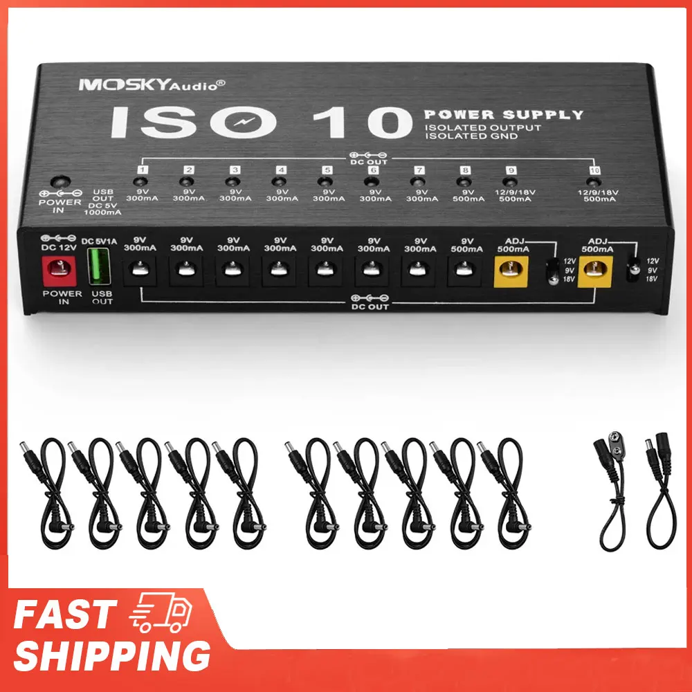 

MOSKY 10 Isolated DC Outputs/ 5V USB Output ISO-10 Guitar Effect Pedal Power Supply for 9V 12V 18V Protection Guitar Accessories