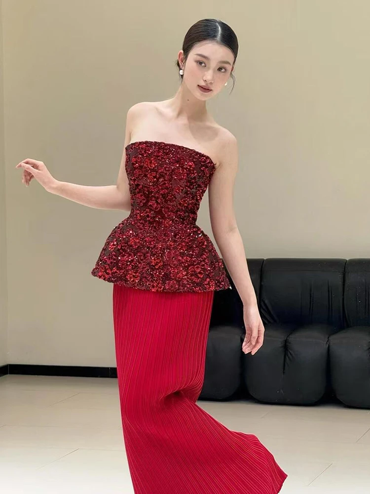 

Красное утреннее платье-халат для невесты без бретелек с силуэтом «рыбий хвост» для свадебного банкета, церемонии благодарения, KTV, длинное платье из полиэстера