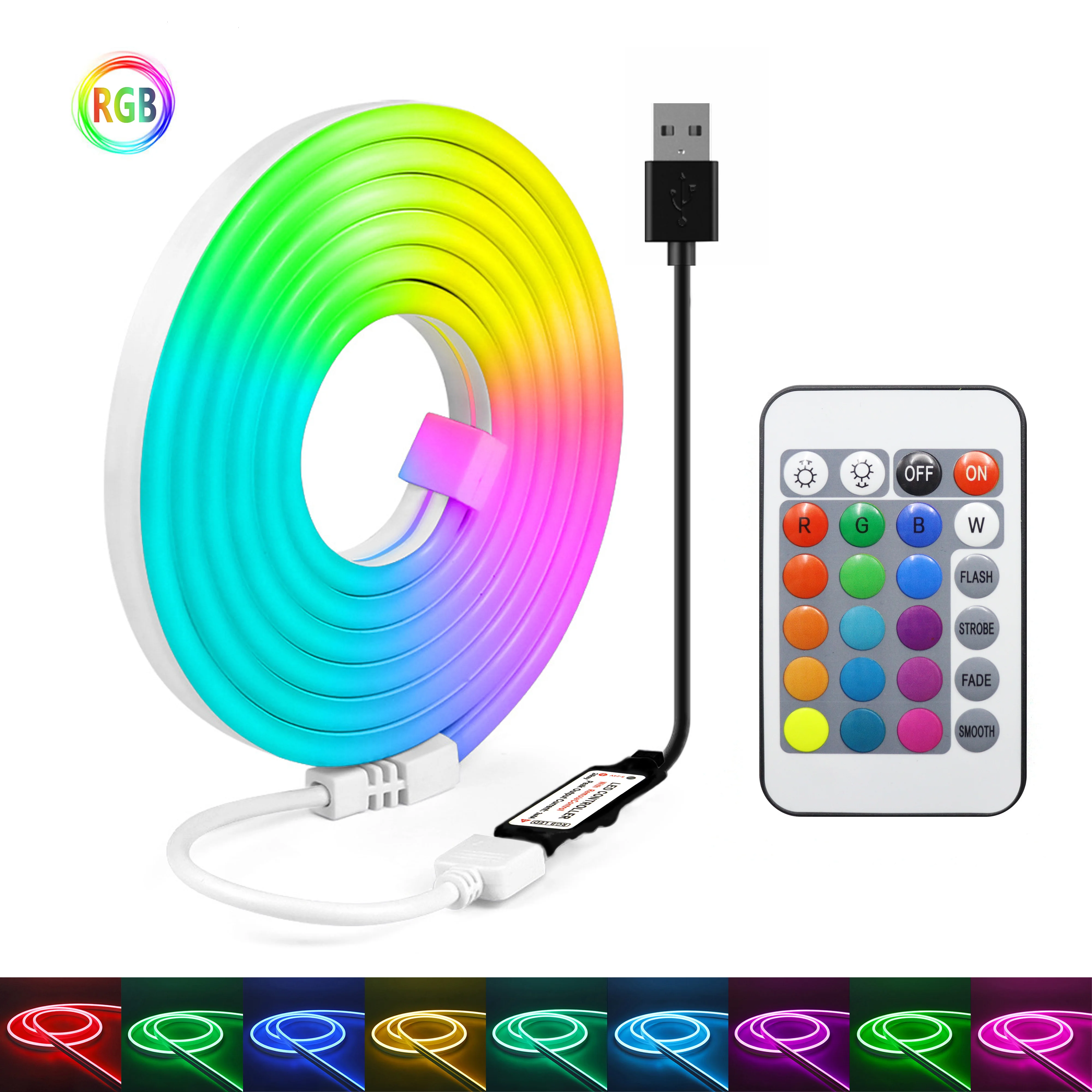 Image of 1 x Niederspannungs-5V-RGB-Neon-LED-Lichtstreifen mit 24-Tasten-Multifunktionsfernbedienung, 1m–5m, für Gaming, Musikbühnen, Junggesellenabschiede, Hochzeiten, Weihnachten und Heimdekoration