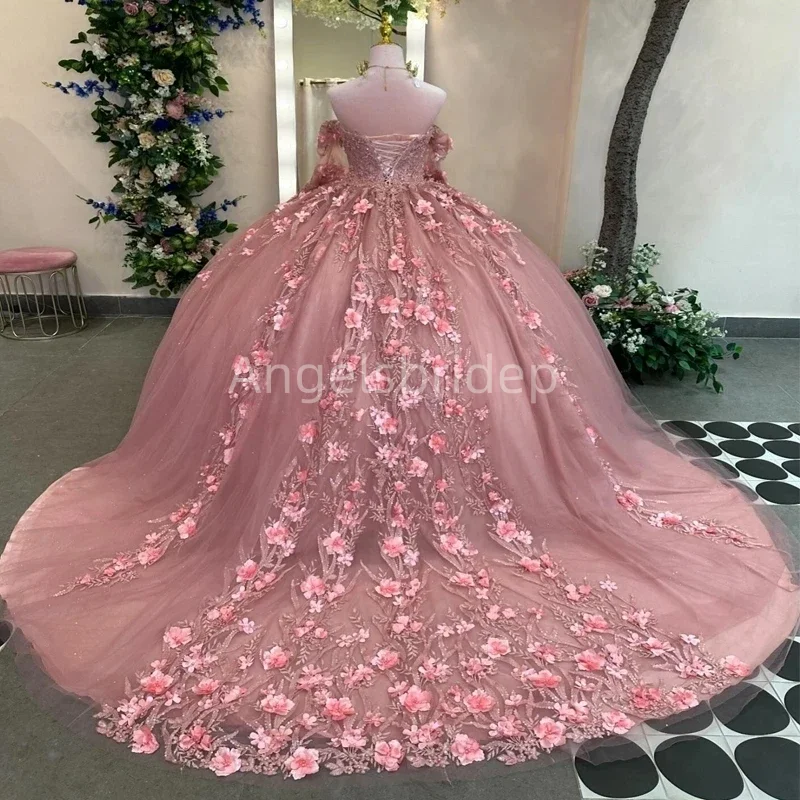 Angelsbridep ที่กําหนดเองสีชมพูแขนยาว 3D Flora Ball Gown Quinceanera ชุดเดรส Vestidos 15 ปี Quinceañera