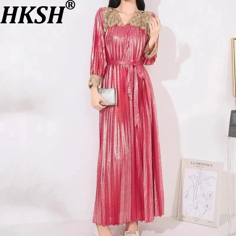 HKSH ربيع الخريف جديد المرأة فستان الخامس الرقبة طويلة الأكمام حزام الدانتيل مطرز تقسم مطوي أنيقة موضة Ins فساتين الحفلات HK13176
