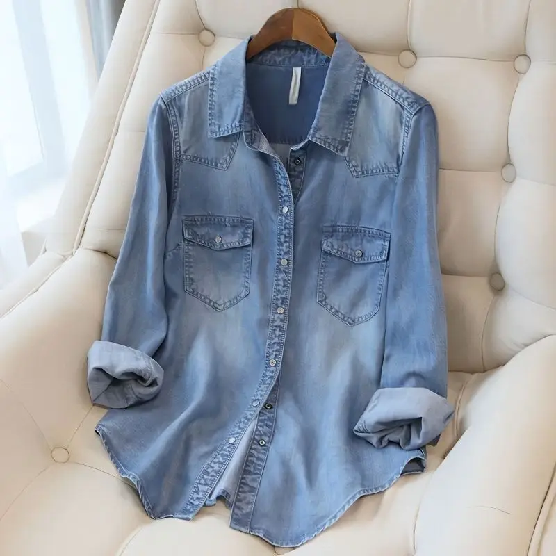 New Spring Autumn Korean Blue Cowboy Shirt Women's Long Sleeve Single Breasted Wash Denim Shirt Coat Female Jeans Blouse