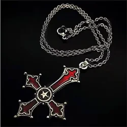 2024 New Blood Red Gothic Inverted Cross Pendant Necklace Jewelry European and American Punk Style Cross Jewelry Wholesale