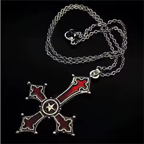 2024 New Blood Red Gothic Inverted Cross Pendant Necklace Jewelry European and American Punk Style Cross Jewelry Wholesale