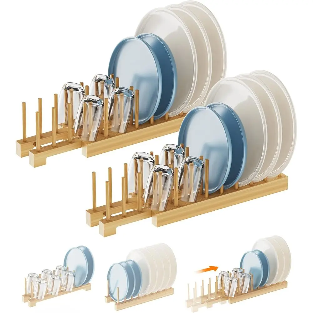 

Набор бамбуковых сушилок для посуды (2 шт.), регулируемый органайзер для тарелок или шкафа, экономит место для тарелок, мисок, чашек, крышек для кастрюль и разделочных досок