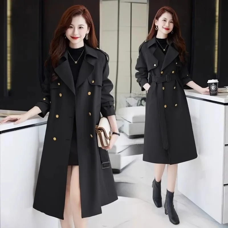 

Elegant Loose Belt Coats Women Turn-down Collar Full Sleeve Double Breasted Overcoat 2025 Autumn Chic Female Casual Outerwear