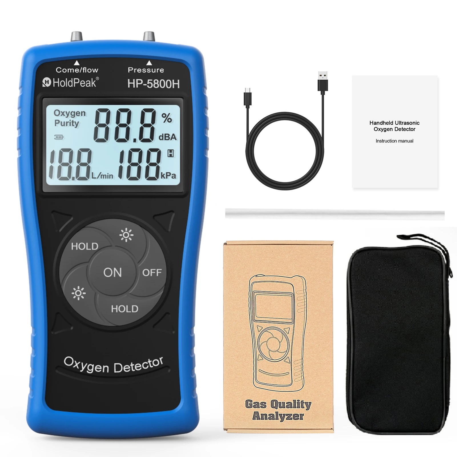 5800H Handheld O2 Gas Detector Ultrasonic Oxygen Flow Concentration Pressure Meter for Technician Therapist Home Visit Nurse