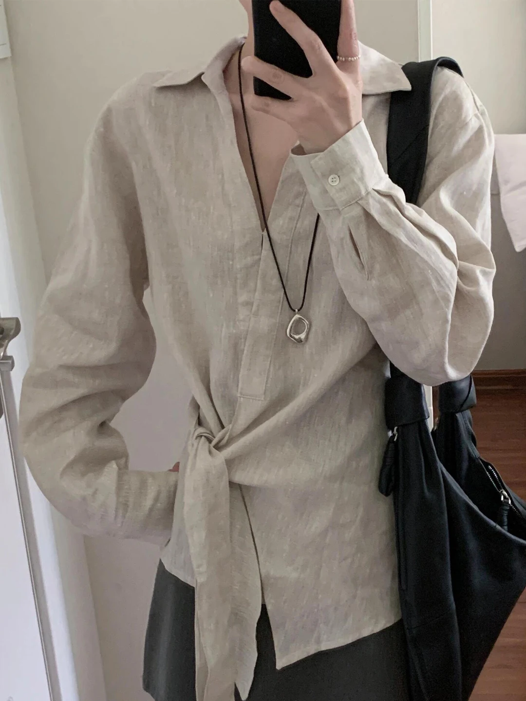 

Fashionable Loose Long Sleeve Shirt Women's Waist-Cinching Asymmetrical Tie-Knot Top Comfortable Breathable Polyester Fiber