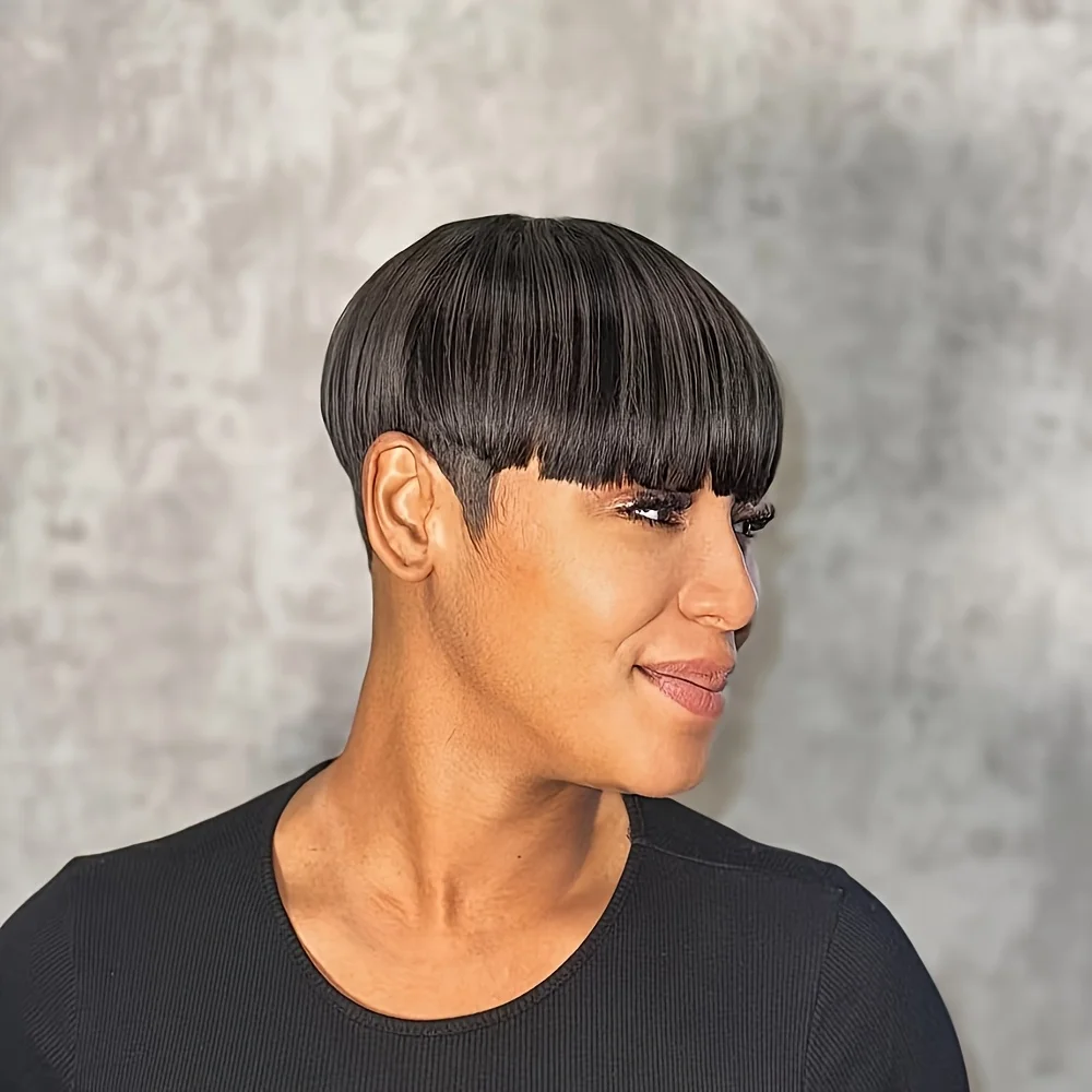 4#/99J/1B Colored Pixie Cut Straight Human Hair Wig for Women Full Machine Made Wig Short Layered Straight Wig with Bangs 6Inch