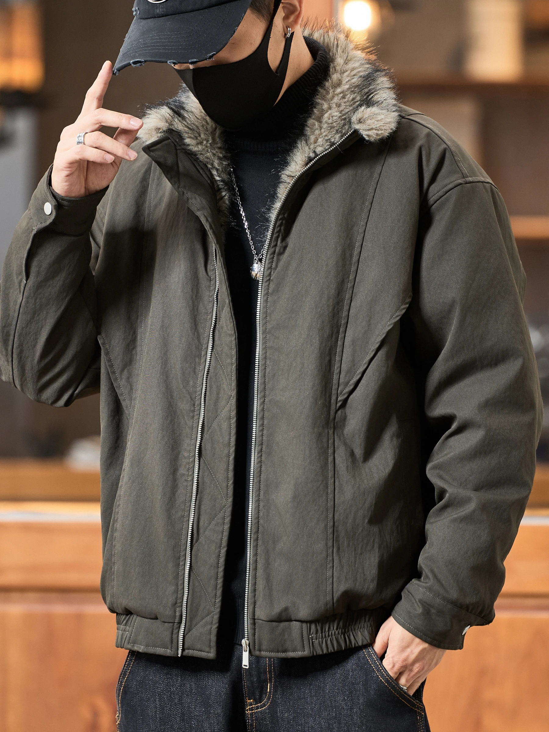 

American Retro Fur Jaet Men's Thiened Cotton Insert Warm Workwear Coat Faionable Stand Fit Daily Wear Polyeste...