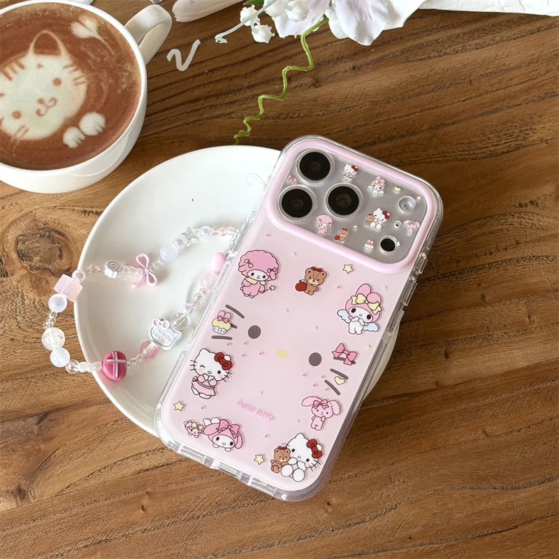 

New Hello Kitty My Melody Pink Clear Phone Case With Beaded Chain For iPhone 14 15 16 17 Pro Max INS Cute Shockproof Cover Girls