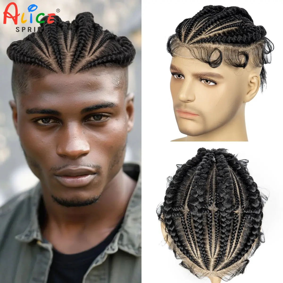 Men's Toupee Hair HD Full Lace Male Hairpieces with Cornrow Braids White Hair Reaplcement Synthetic Short Hair Topper for Men