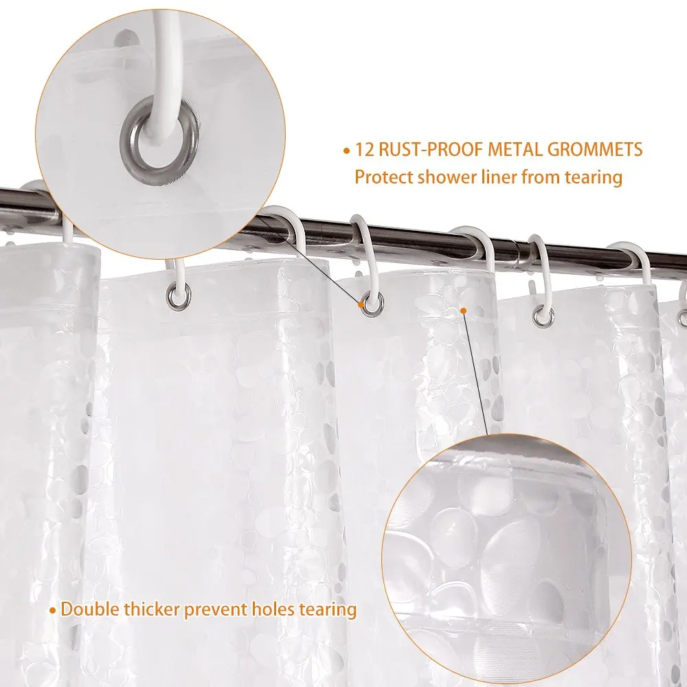 Shower Curtain Set Liner 8G EVA Thick, 72x72 in 3D Frosted Pebble Plastic Shower Curtains, Waterproof Shower Liner with 12 Hooks