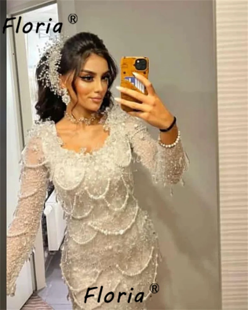 Gorgeous Ivory Pearls Beaded Evening Party Dress with Tassels Dubai Long Sleeve Wedding Gowns vestidos de noche elegantes 2024