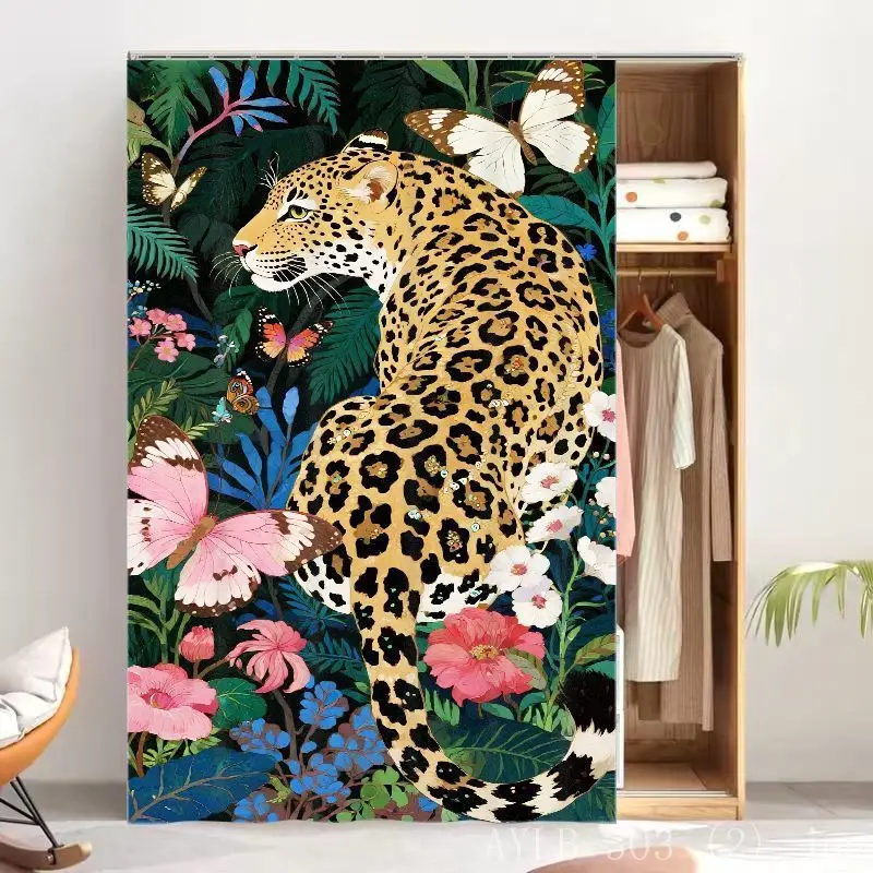 VIKAMA Golden Leopard Tropical Flower Butterfly Self Adhesive Cabinet Curtain No Drill Wardrobe Door Dust Cover Home Decor