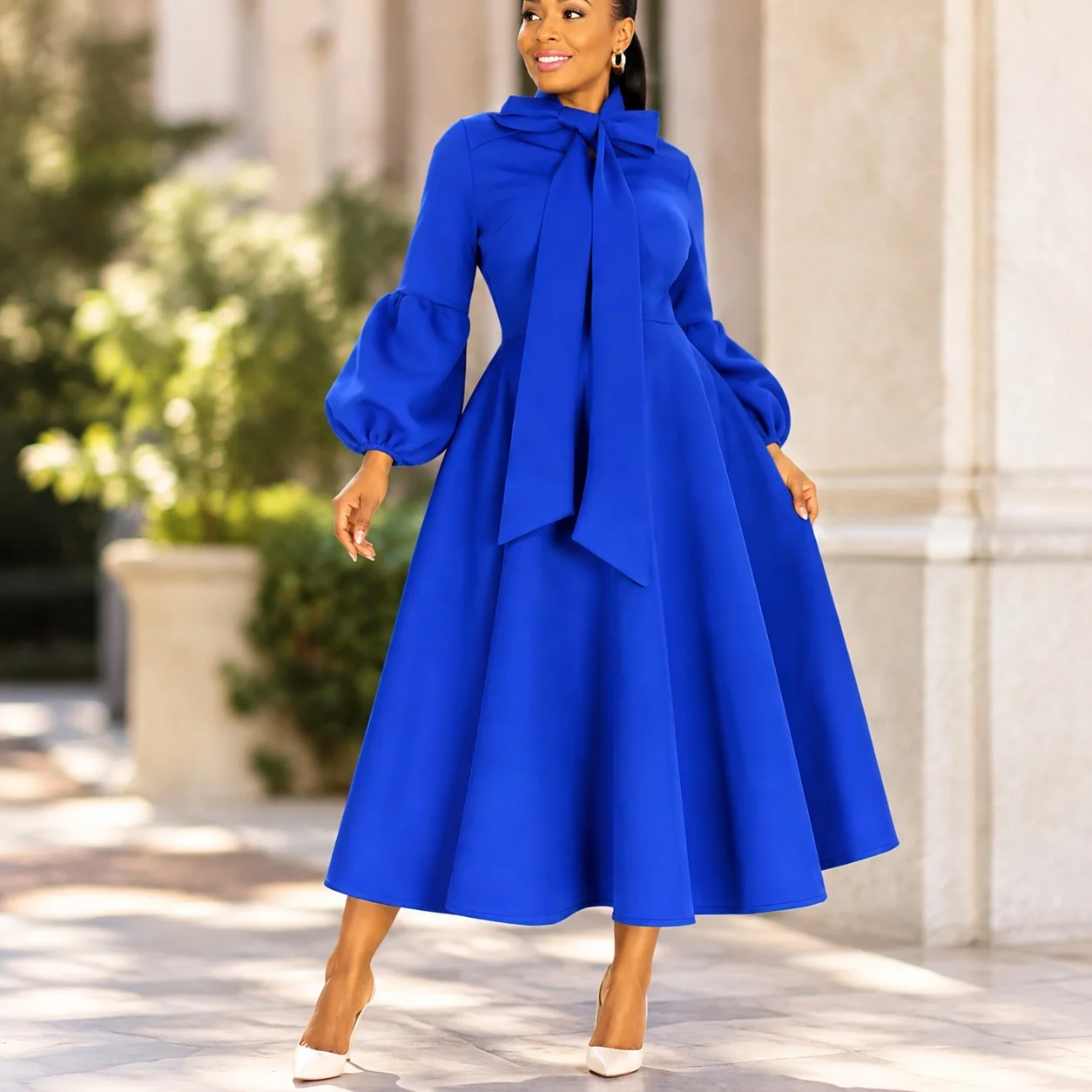 High Waist Puff Sleeve Gown Elegant Style with Medium Length Dress Pleated Skirt One Pleated Dress for Wedding Guest for Women
