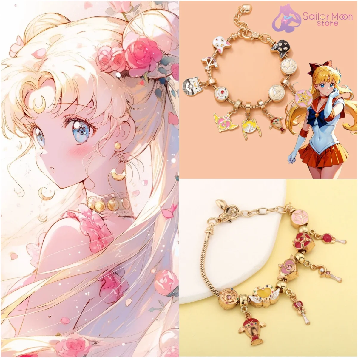 Pulseras de marinero de Anime Kawaii, colgante Tsukino Usagi, Luna de ninfa, Luna, cuentas de gato, brazaletes, accesorios de Cosplay, cadenas para mujer y niña, regalo
