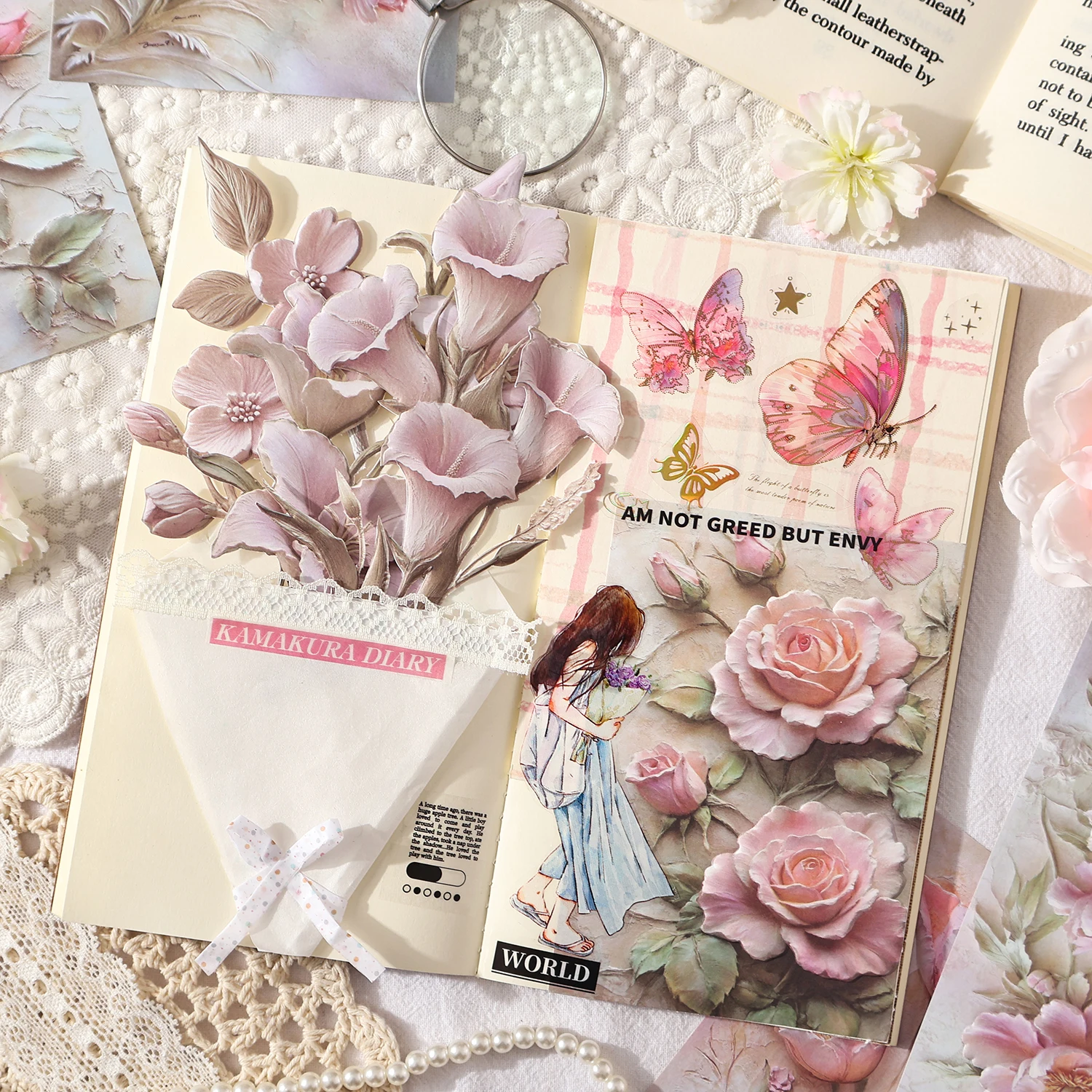 10 시트 레트로 릴리프 식물 꽃 재료 종이 크리 에이 티브 3D 핸드북 DIY Scrapbooking 미적 공예 종이 저널 용품