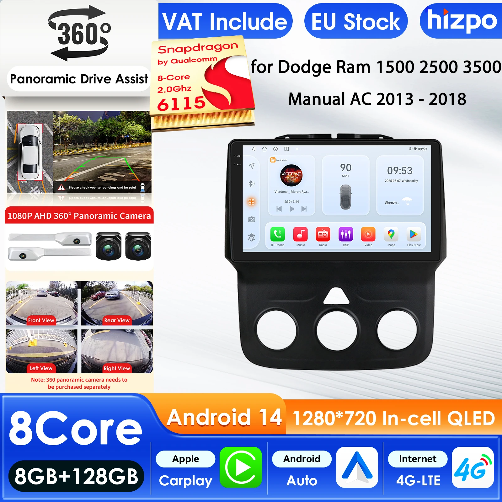 Hizpo Lecteur Multimédia Automobile Android 15 pour Dodge Ram 1500 2500 3500, Écran Intelligent AI 4G de 9 Pouces, GPS Carplay, Caméra 360, WIFI, RDS, Écran Intelligent Automobile QLED, Unité Centrale Automobile, Navigation, WIFI 5G, DSP, ADAS, USB, DVR, SWC, FM, AM, RDS, Caméra