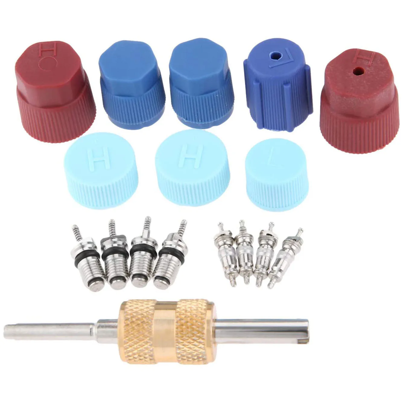 DT56 17Pcs Air Conditioning Valve Core Kit Valve Cores Accessories A/C R12 R134A Refrigeration Valve Stem Core Remover Tool