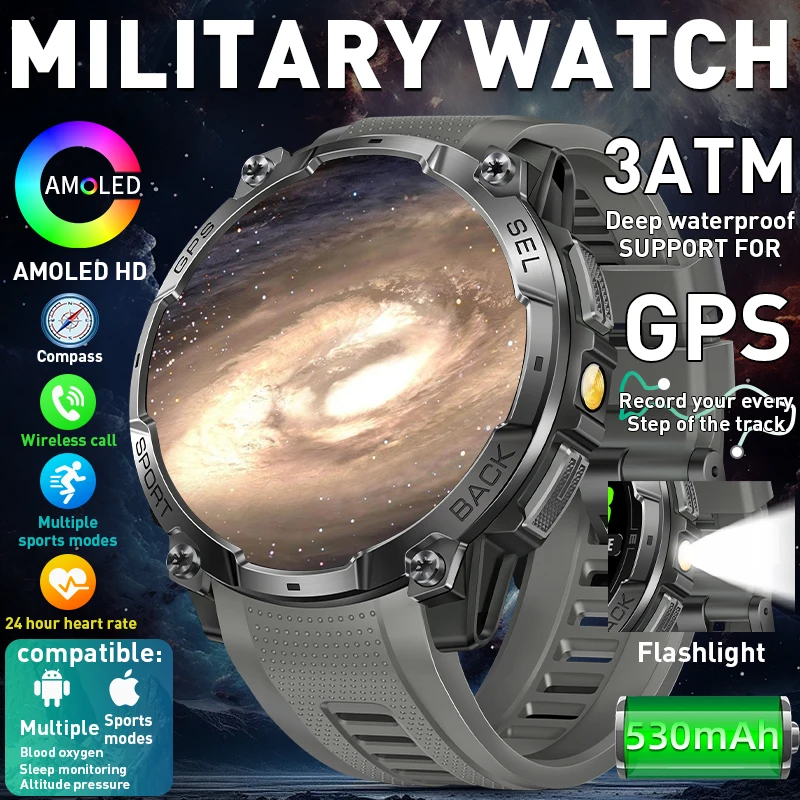 

Смарт-часы для активного отдыха с GPS, новинка 2026 года, аккумулятор 530 мАч, военный стандарт, водонепроницаемость 3ATM, звонки по Bluetooth, компас, для мужчин