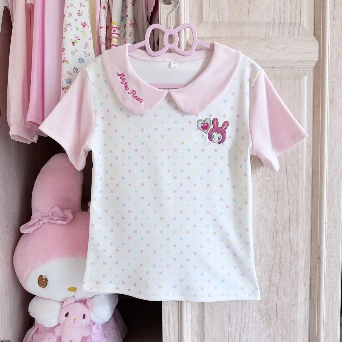 Japanese Sweet Cute Peter Pan Collar Cartoon Mp Embroidery Polka Dot Print Jojifuku Short-sleeved T-shirt Girl Short Tshirts