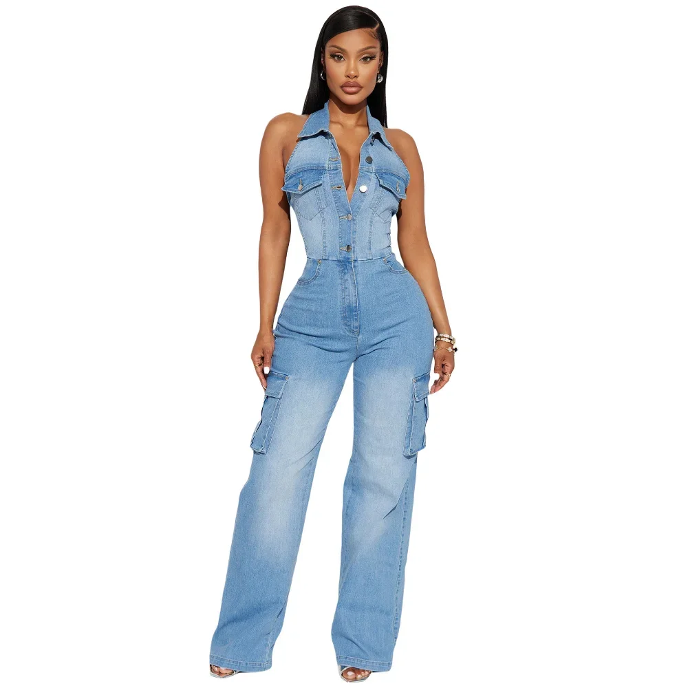 Women's Denim Jumpsuit - One-Piece Turn-Down Collar Sleeveless Overalls, Slim Fit Wide Leg Long Pants