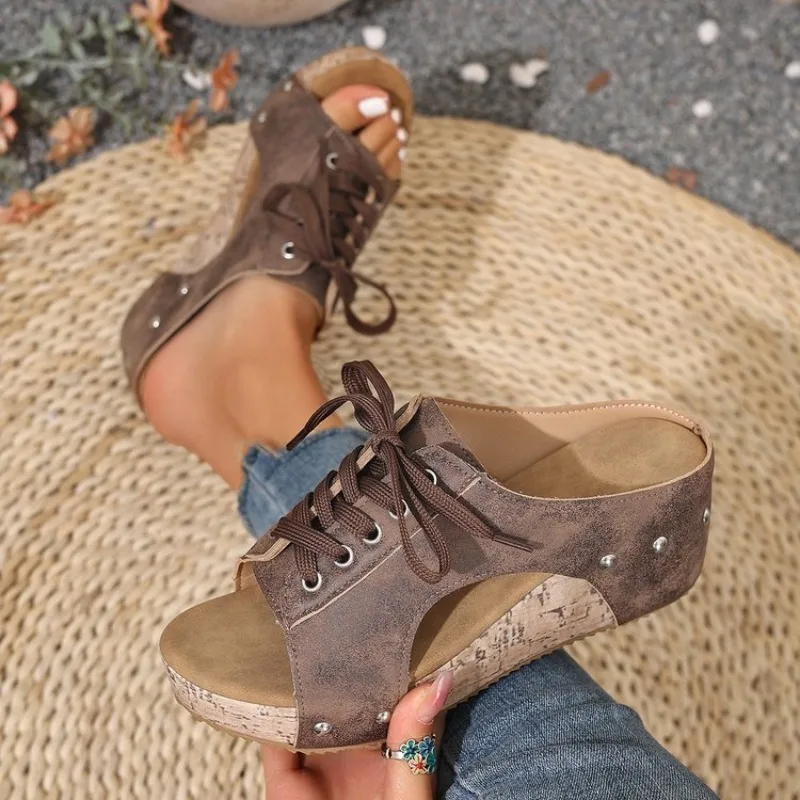 Women's Sandals Wedge Open Toe Mid Heel Slip-On with Lace-Up Front and Cork-Look Platform for Daily Casual Summer Walking Days view 4