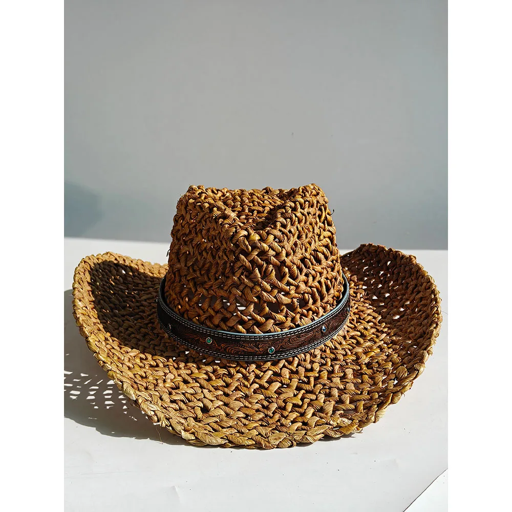 Boho Crochet Straw Cowboy Hat for Women Summer Beach Sun Hat Hollow Out Wide Brim Cowgirl Hat Turquoise Beaded Sombrero