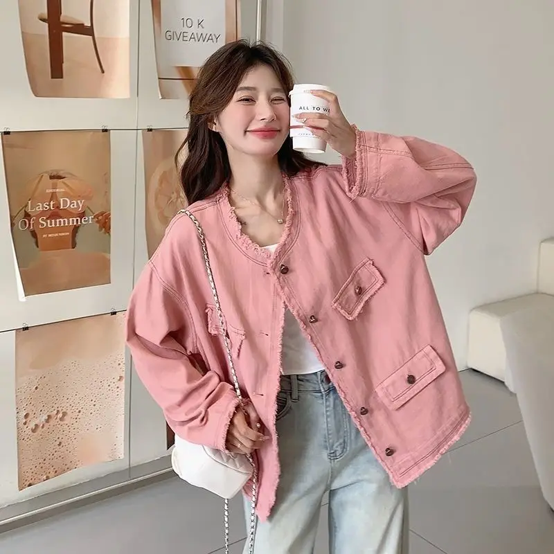 

Denim Coat Woman Long Womens Spring Spliced Lacework Raglan Matching Romantic Festival Balloon Sleeved O-Neck Gentle Youth Chic