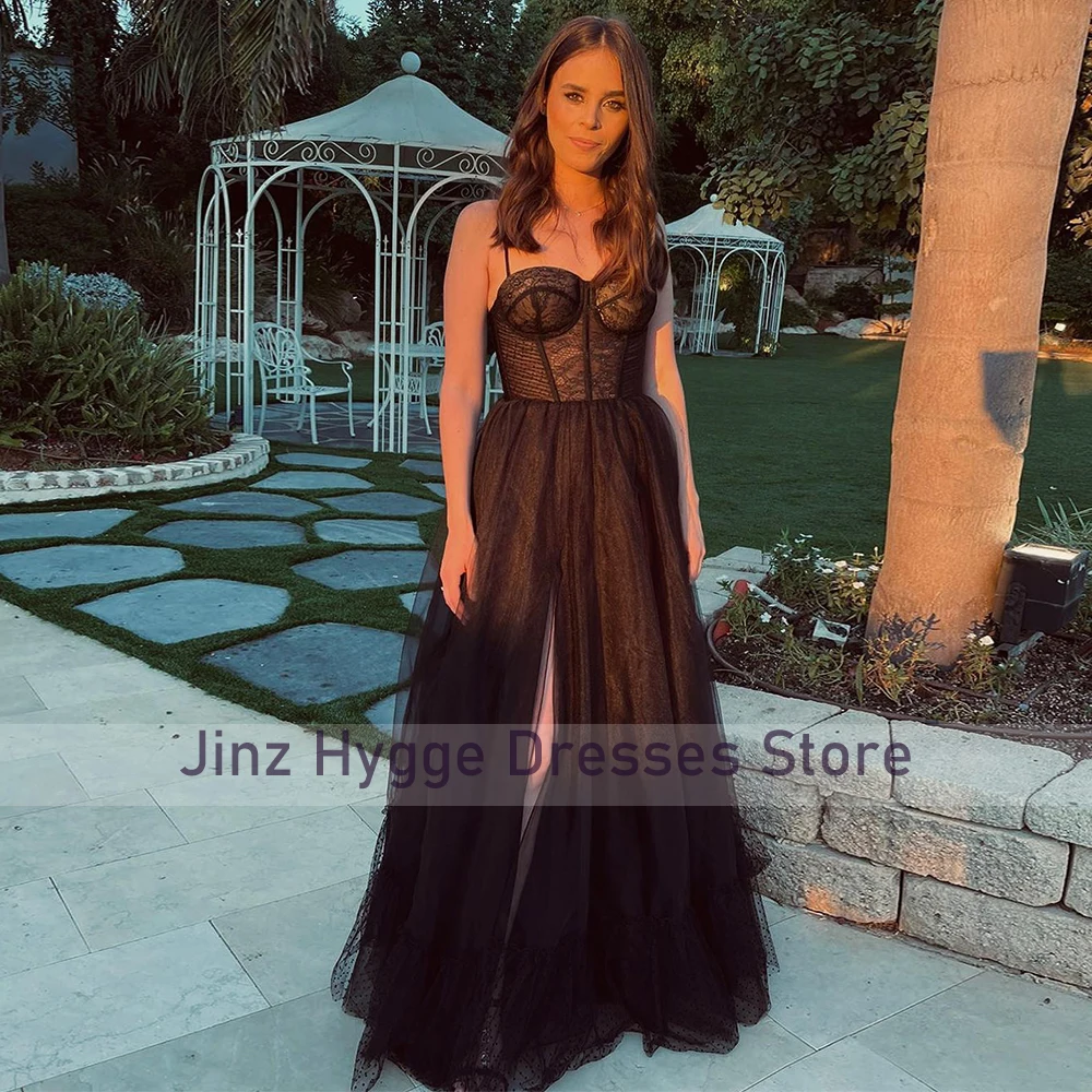 Black Tulle Prom Dress for Women 2023 A Line Sweetheart Spaghetti Straps Prom Gowns Long Thigh-High Slit Lace Evening Dresses