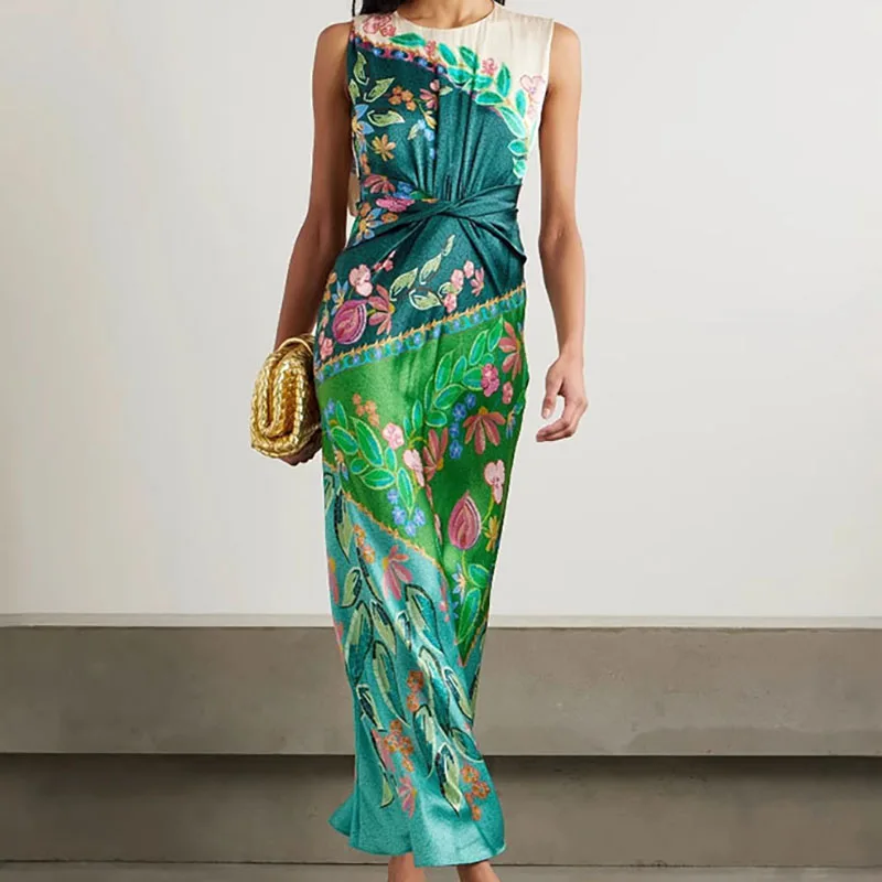2025 New Retro O Neck Zipper Maxi Dress Summer Satin Floral Print Folds Party Dresses Spring Women Elegant Sleeveless Boho Dress