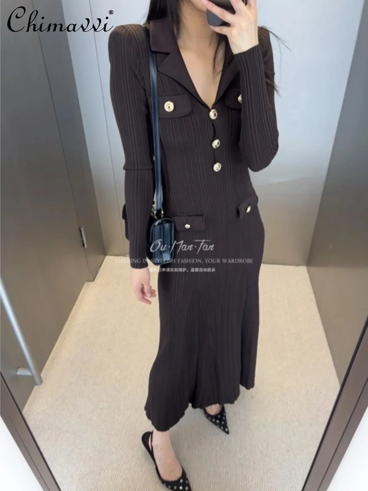 High-end Fashion Hip-wrapped Knitted Dress Spring New Golden Buckle Suit Collar Slim Luxury Elegant Long Fish Tail Dress Women