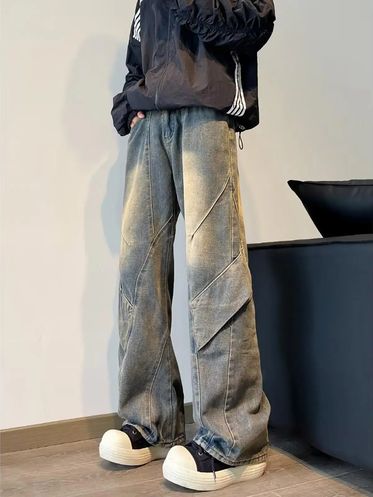 

Джинсы унисекс с эффектом тай-дай, широкие штанины, винтажный американский стиль, свободный крой, молодежные, модные, с эффектом потертости