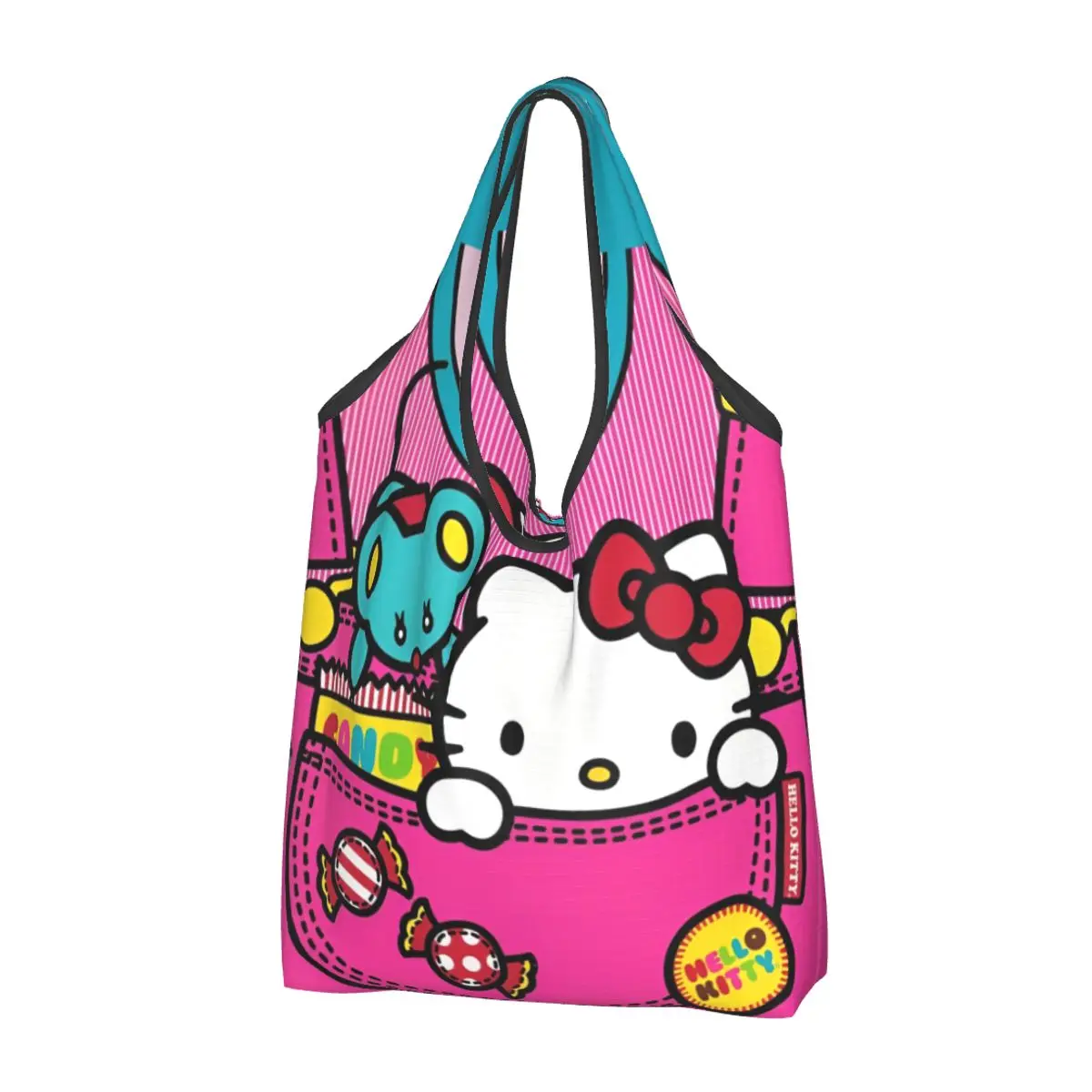 

Reusable Pocket Hello Kitty Shopping Bag for Groceries Foldable Grocery Bags Washable Large Tote Bags