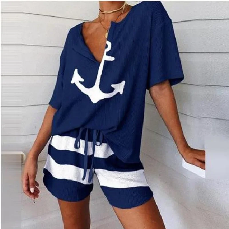 340526003Women's V-neck boat anchor pattern printed short sleeved top wide leg pants shorts loose and slimming set