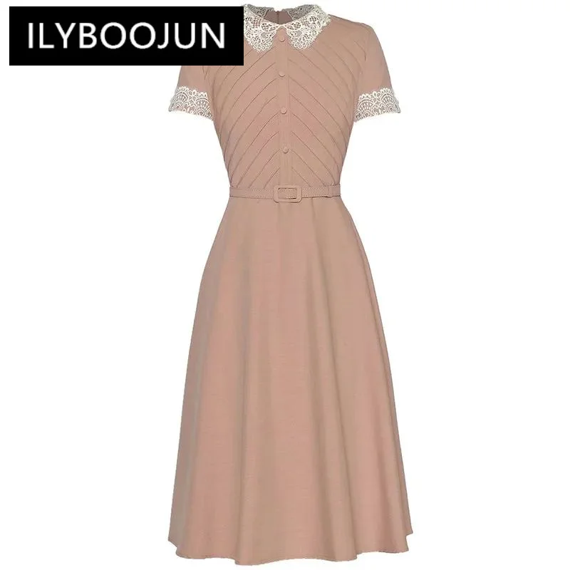 

ILYBOOJUN Fashion Women's New Vintage Hollow Out Embroidered Turn-Down Collar Short Sleeved Pleated Lace-Up Shaggy MIDI Dress