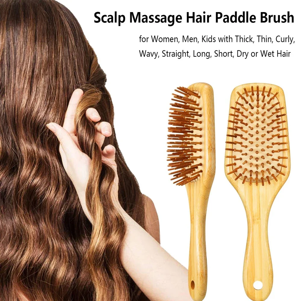 Wooden Bamboo Hair Combs Bristle Detangling Hairbrush for Women Men Reduce Frizz, Massage Scalp for Straight, Curly, Fine Hair