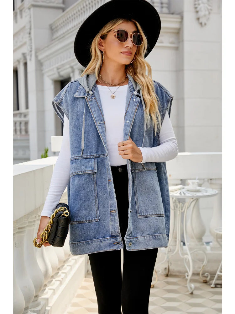 Hooded Denim Vest Jacket Coat Women Solid Color Lapel Single Breasted Pocket Vest Outwear Femininas Streetwear Fashion Denim