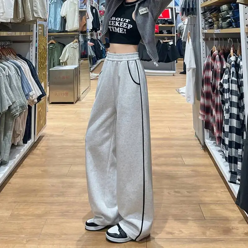 Mode Streifen Breite Bein Jogginghose Für Frauen Herbst Winter Elastische Taille Gerade Hosen Lose Dünne Alle Spiel Casual Hose