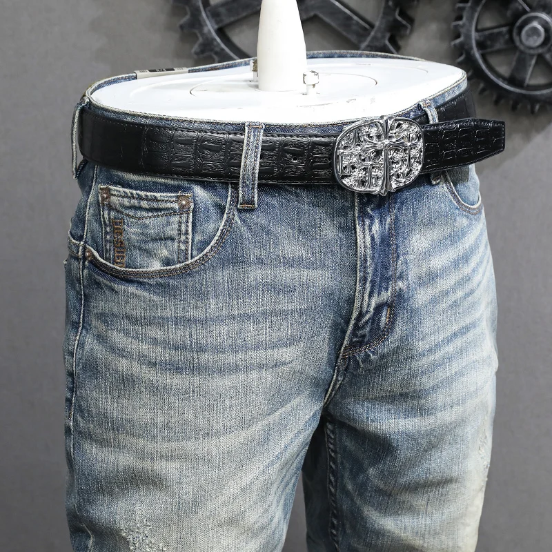 Fashion Designer High Quality Men Jeans Retro Light Blue Slim Fit Ripped Jeans Men Elastic Denim Trousers Vintage Pants Hombre