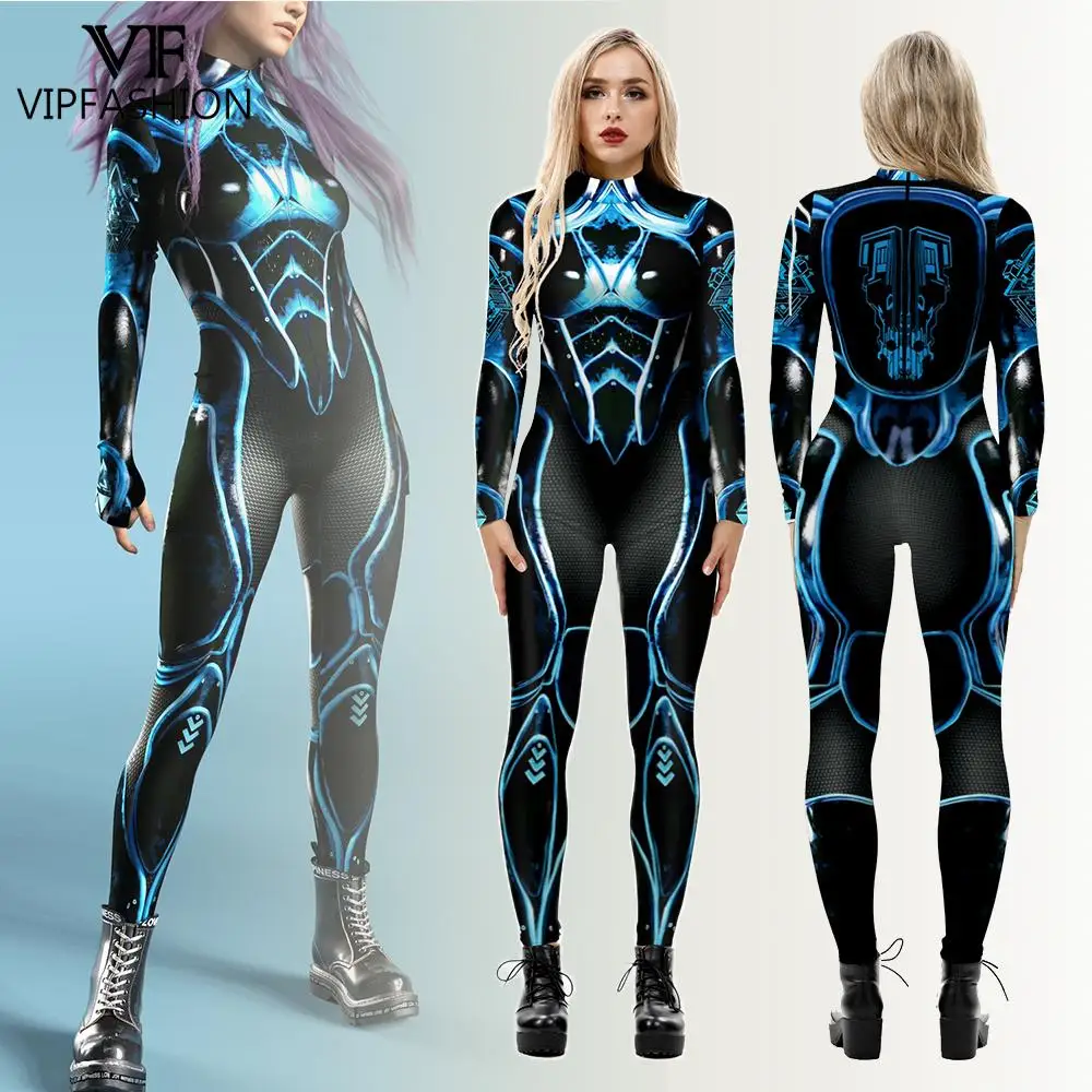 VIP FASHION New Robot Warrior Punk Style Skeleton Ghost Halloween Costume Cosplay per le donne tute Zentai