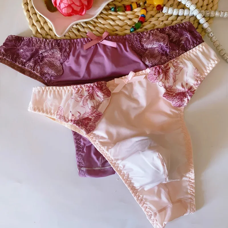 Man's Embroidered Lace Thong Sissy Cute Low Waist Bow T-back Panties Erotic Underwear BF Private Party Club Sexy Costumes