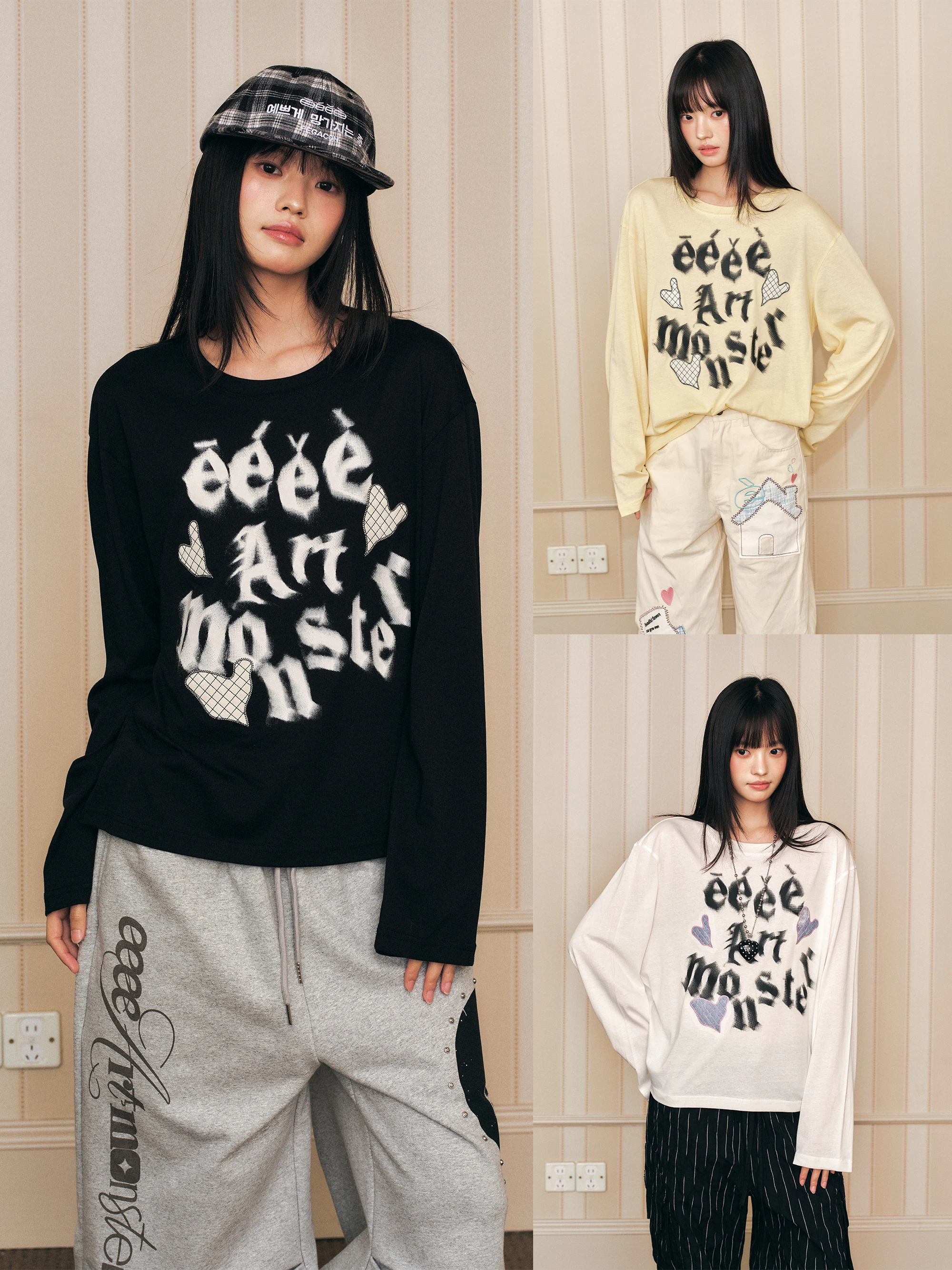 Gothic Love Heart Patch Long Sleeve T-Shirt Base Shirt Cover up Cotton Polyester Lyocell Linen Blend round Neck